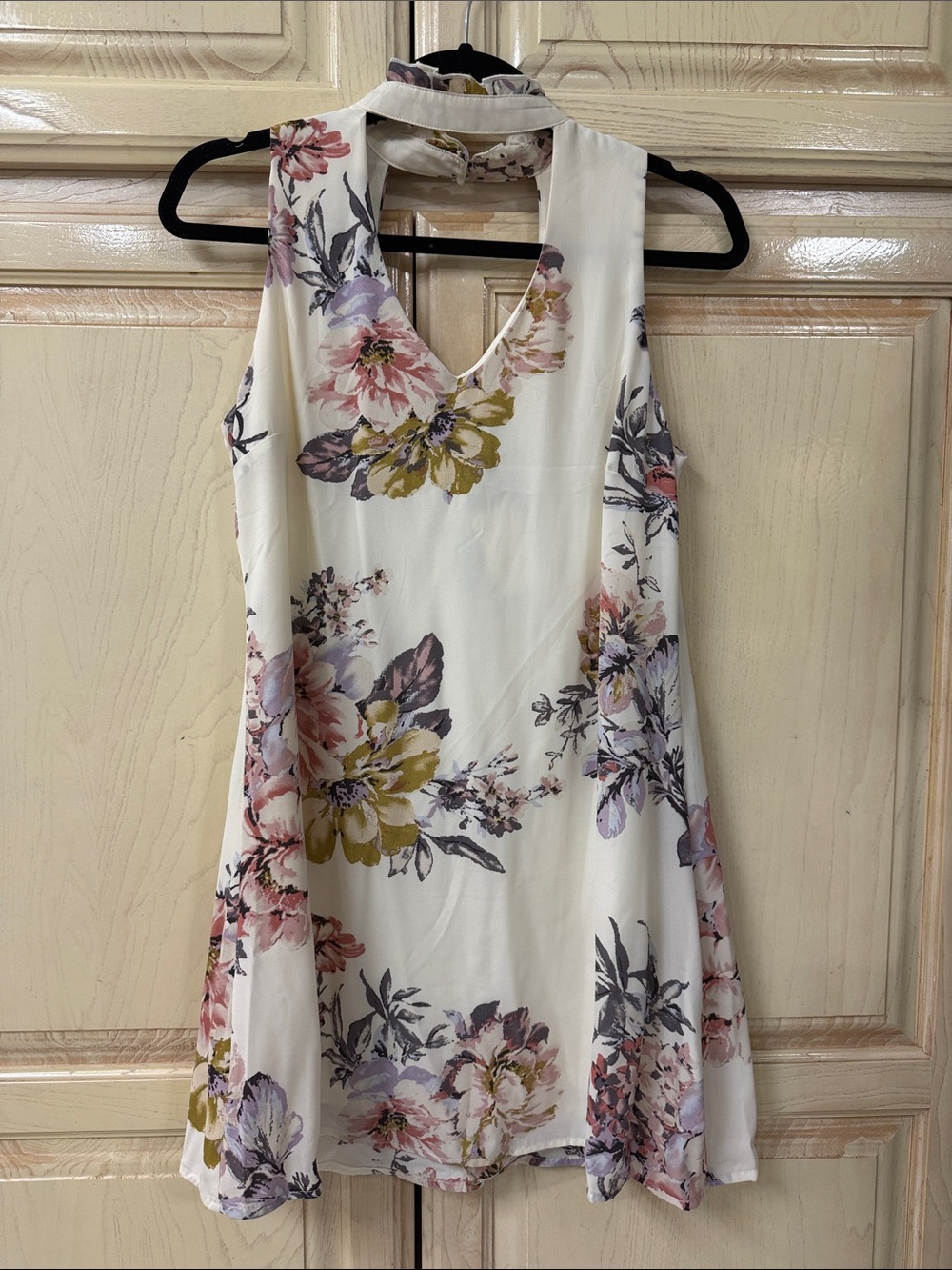 Floral Choker-Neck A-Line Dress - Cream